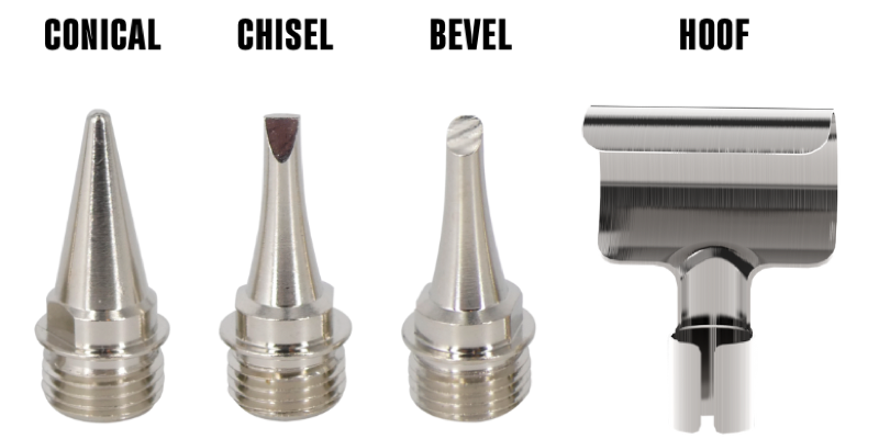 Butane Soldering Iron Tips - Conical, Chisel, Bevel, Hoof